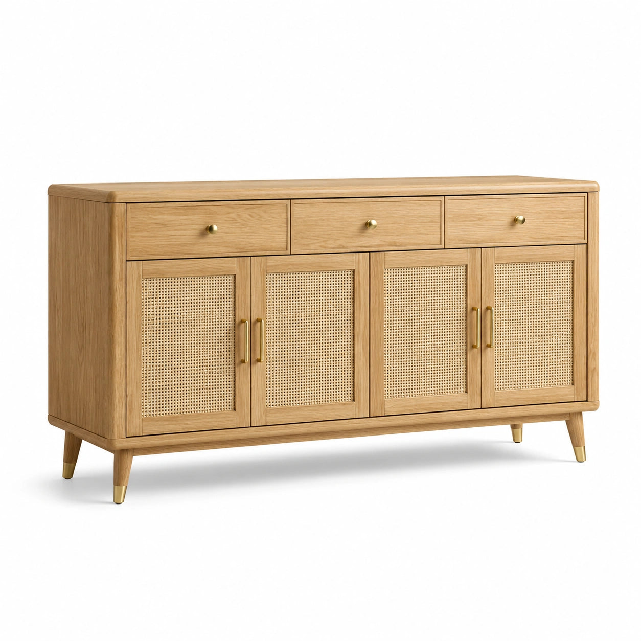 Eichenholz Buffetschrank mit Rattan Türen und Messingakzenten 150x40x80 cm