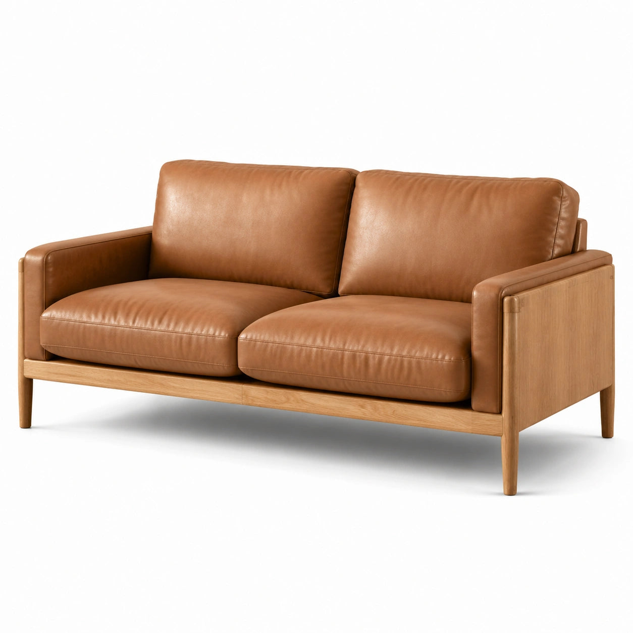 Ledersofa mit Holzrahmen, 2-Sitzer, Braun
