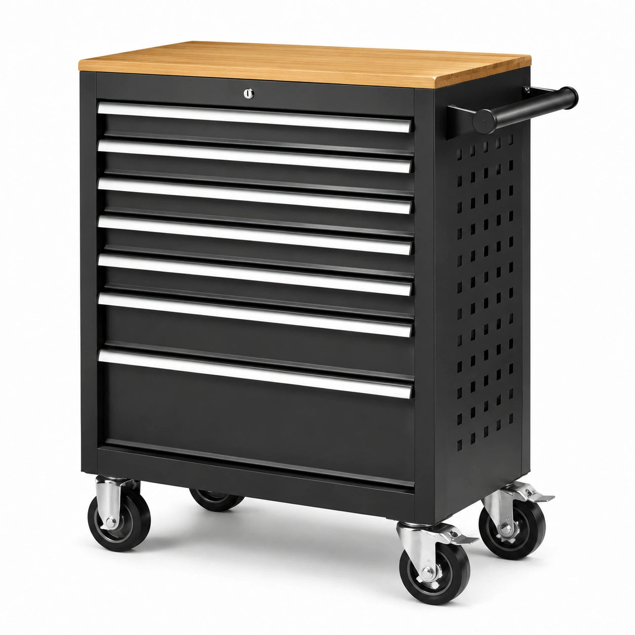 Stahl Werkzeugwagen mit 7 Schubladen und Holzplatte, Schwarz, 85x70x45 cm
