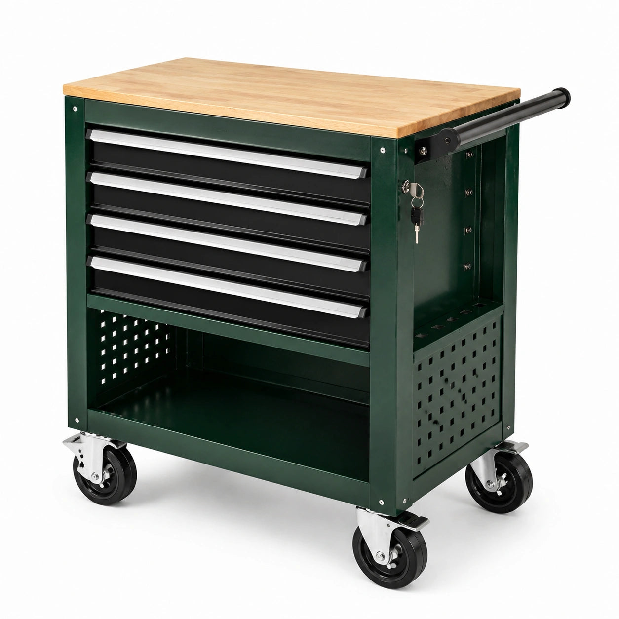 Werkzeugwagen mit 5 Schubladen, Stahl und Holz, Grün/Schwarz