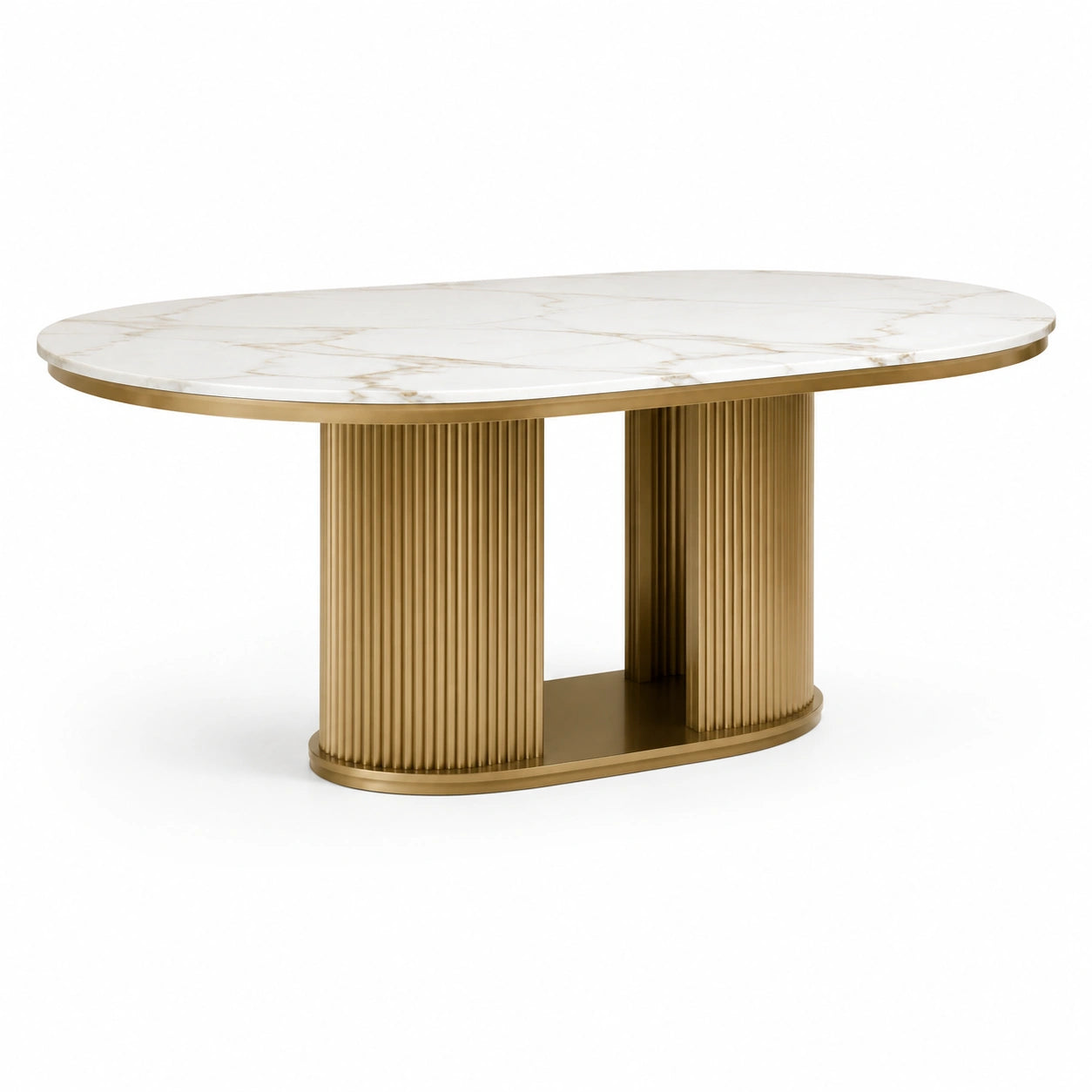 Esstisch Oval aus Marmoroptik und Stahl in Weiß/Gold 180x90x75cm