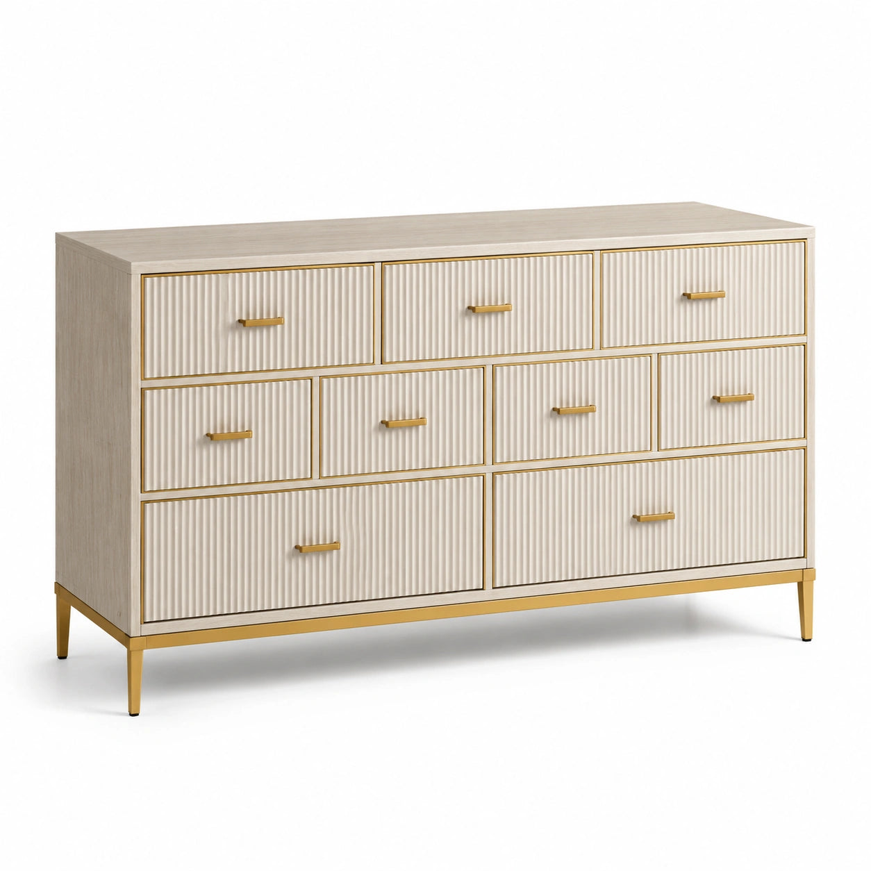 Holz- und Metallkommode mit 9 Schubladen, Beige, 120x40x80 cm