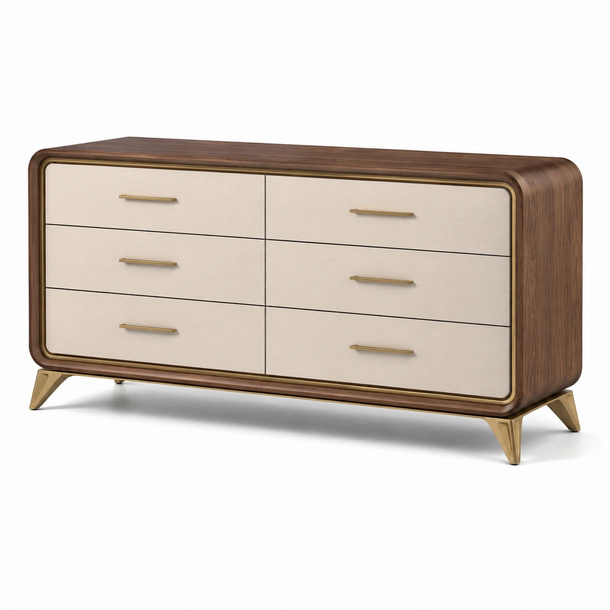 Holz- und Kunstlederkommode mit 6 Schubladen Creme/Braun 135x45x80cm