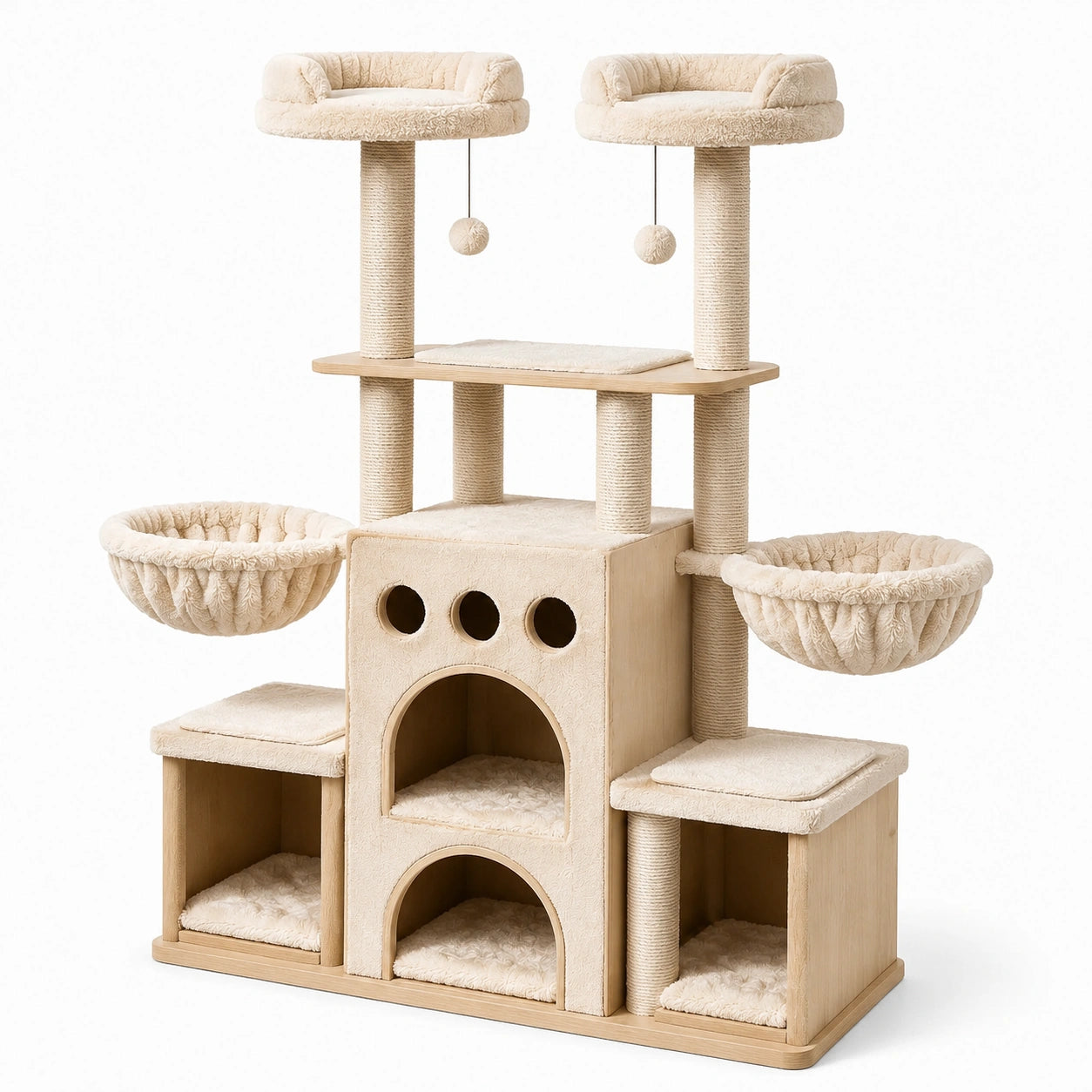 Katzenbaum aus MDF, Sisal und Plüsch in Beige, 120 cm hoch