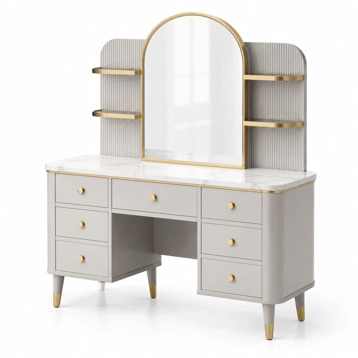 Schminktisch aus MDF mit Spiegel und Regal, Grau/Gold